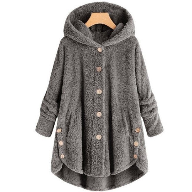 Women Cozy Hooded Sherpa Hem Button Fleece Sweater Coat
