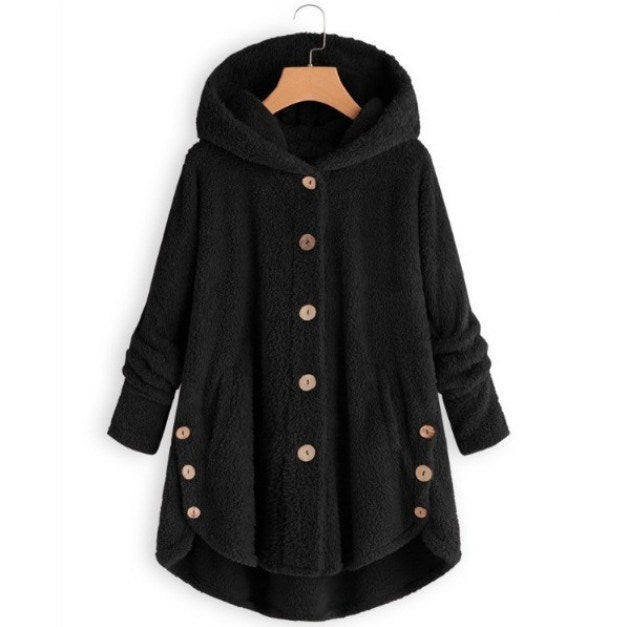 Women Cozy Hooded Sherpa Hem Button Fleece Sweater Coat