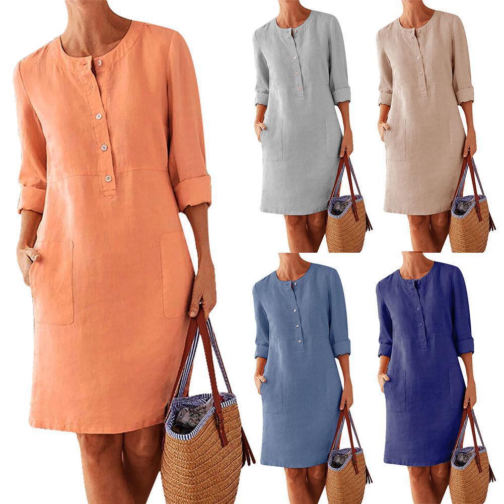 Women Linen Button Down Shirt Dress