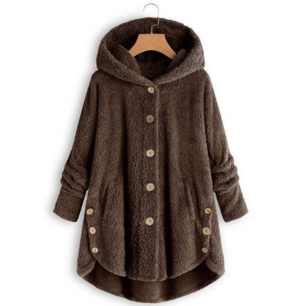 Women Cozy Hooded Sherpa Hem Button Fleece Sweater Coat