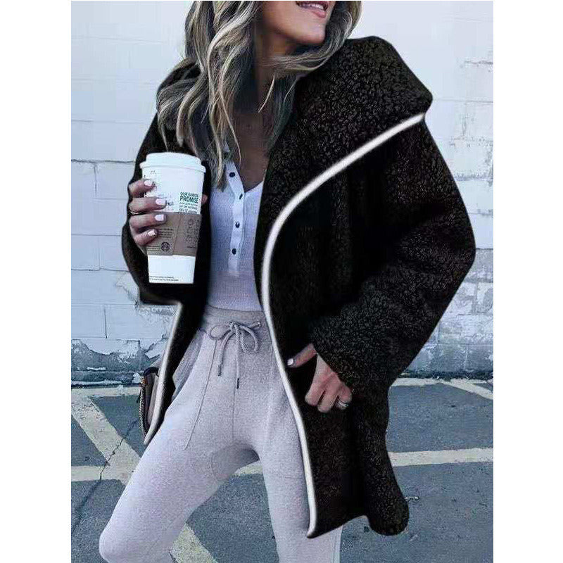 Women Curved Hem Longline Faux Fur Sherpa Fleece Coat
