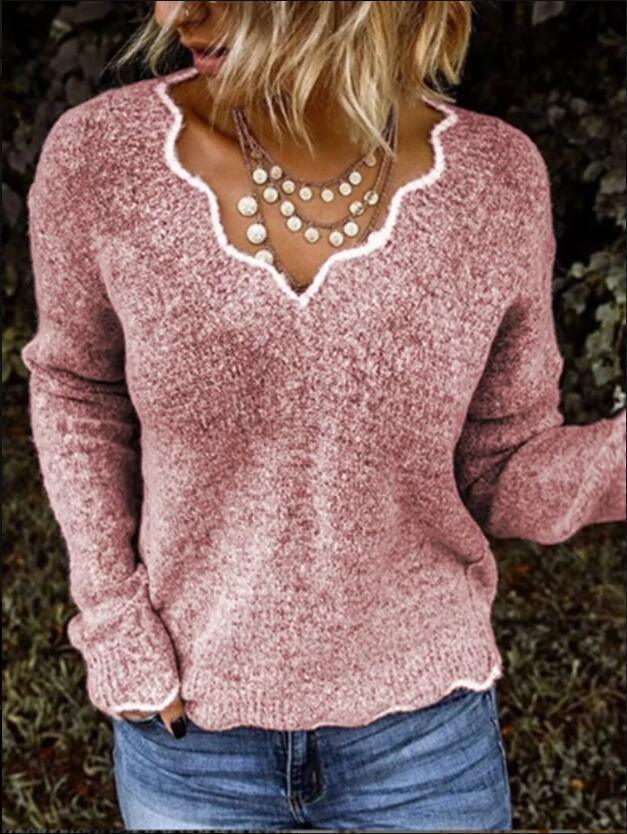 Women Wave Collar Block Holiday Sweater Blouses