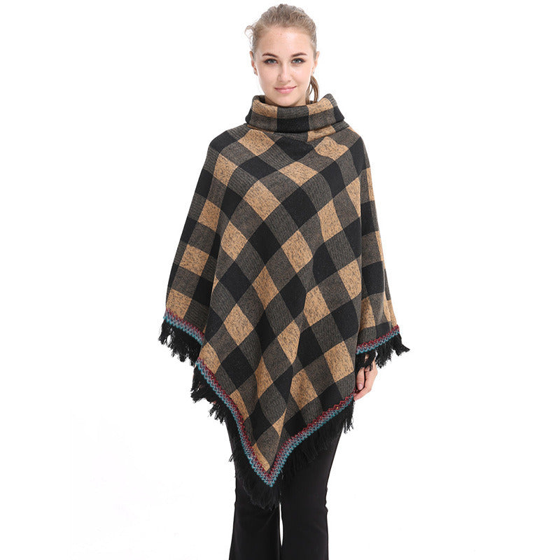 Womens Shawl Loose Tassel Plaid Turtleneck Jumper Knit Oversized Pullover Sweater Tops
