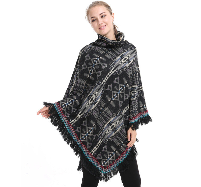 Womens Shawl Loose Tassel Plaid Turtleneck Jumper Knit Oversized Pullover Sweater Tops