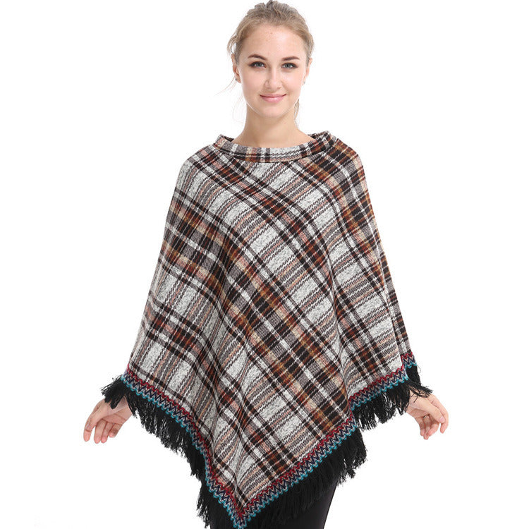 Womens Shawl Loose Tassel Plaid Turtleneck Jumper Knit Oversized Pullover Sweater Tops