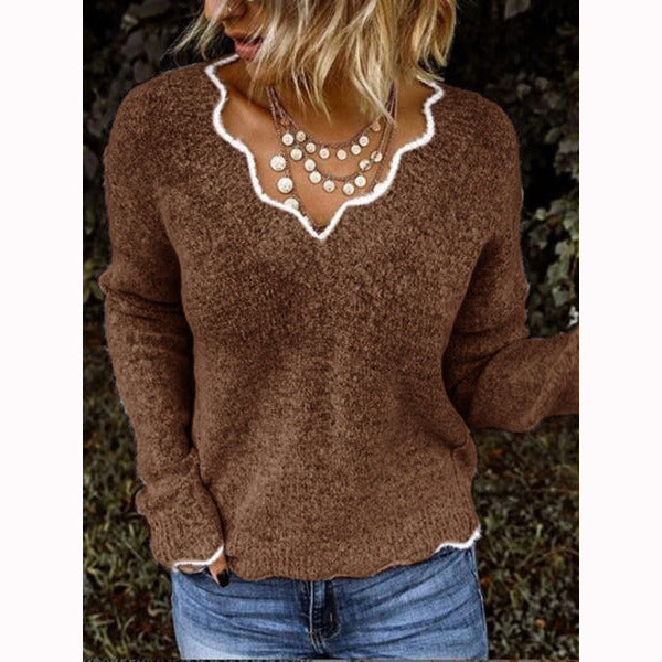 Women Wave Collar Block Holiday Sweater Blouses