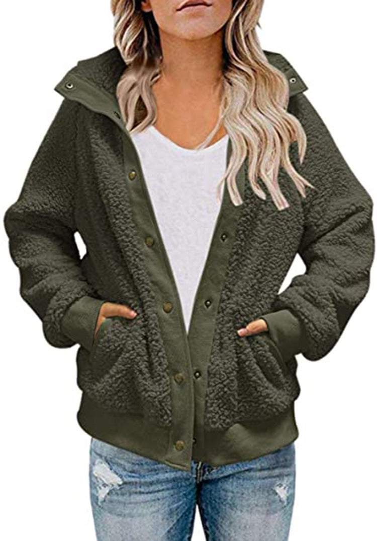 Women Lapel Button Fleece Sherpa Sweater Jacket