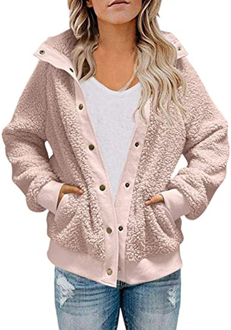 Women Lapel Button Fleece Sherpa Sweater Jacket