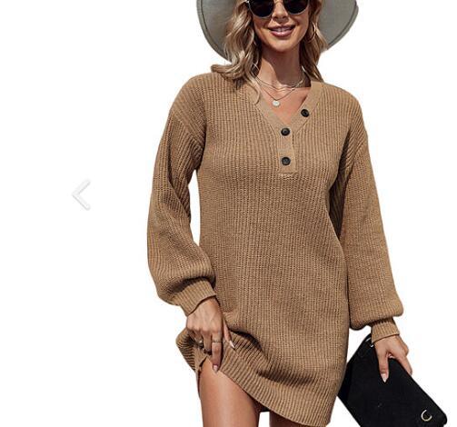 Women Half V-Neck Button Lantern Sleeve Knit Sweater Dress