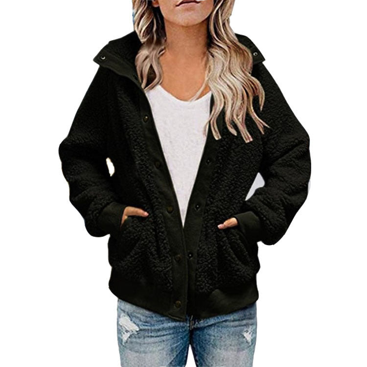 Women Lapel Button Fleece Sherpa Sweater Jacket