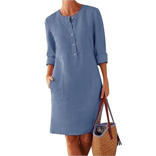 Women Linen Button Down Shirt Dress