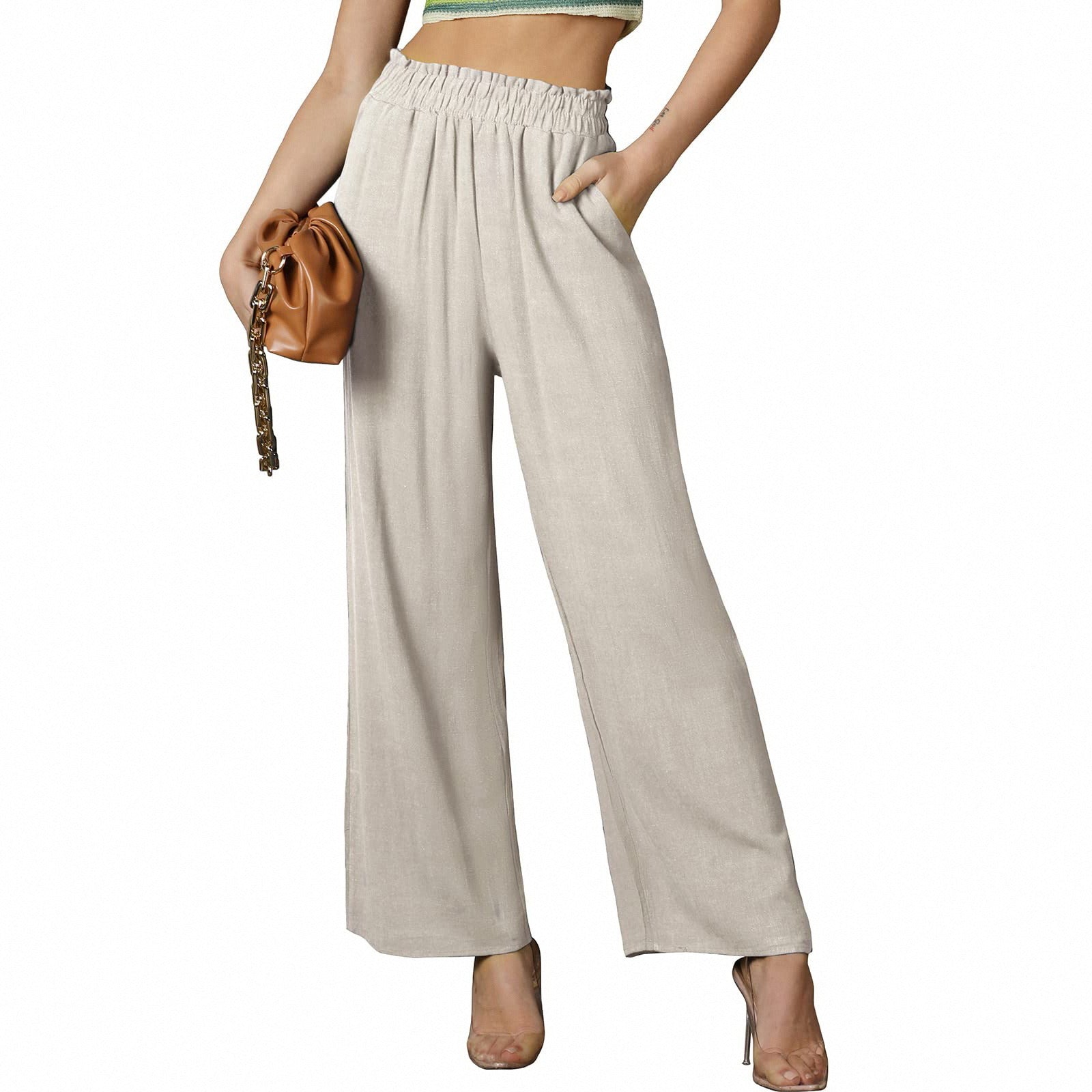 Women Solid Color Loose Multi-pocket Elastic Waist Casual Wide Leg Pants Trousers