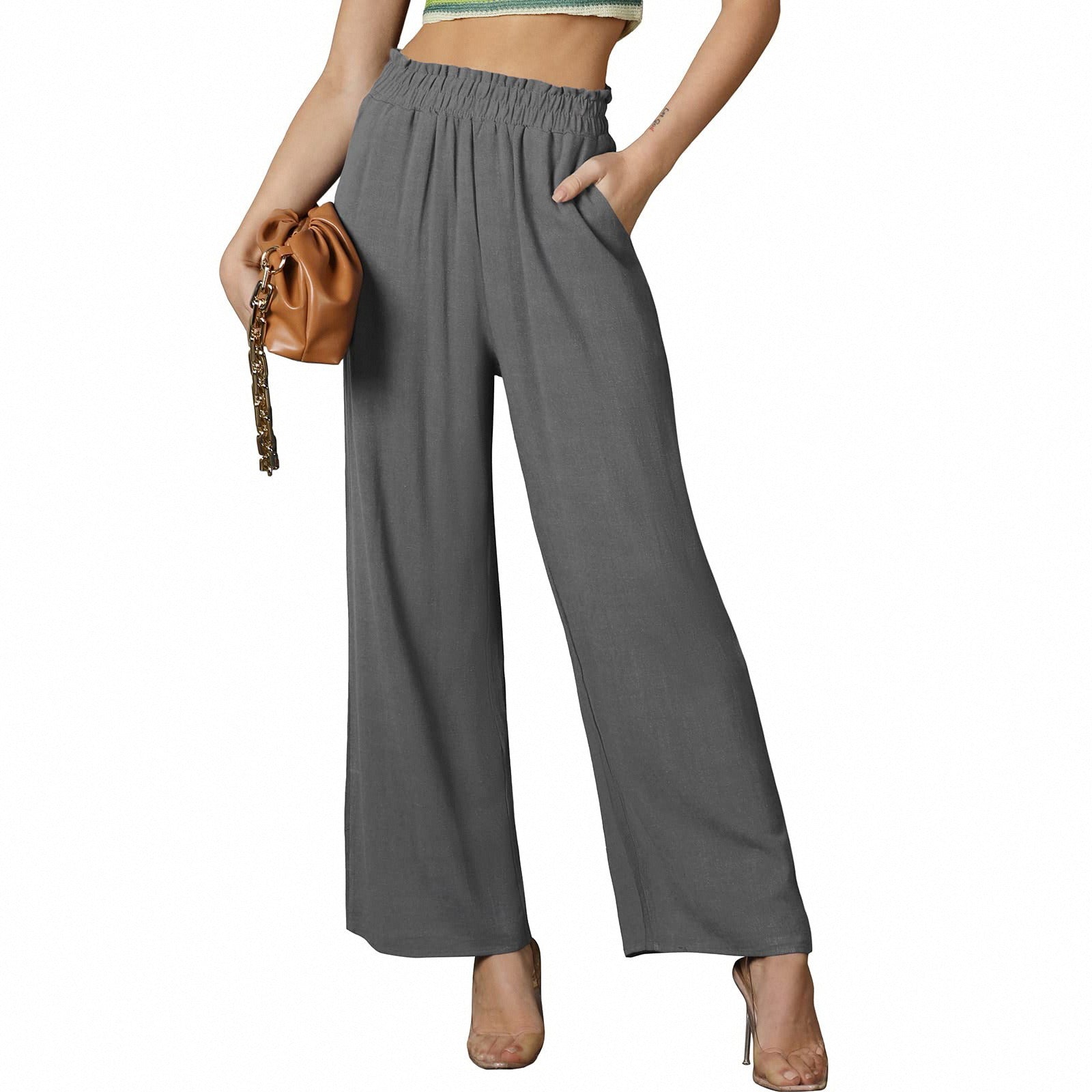 Women Solid Color Loose Multi-pocket Elastic Waist Casual Wide Leg Pants Trousers
