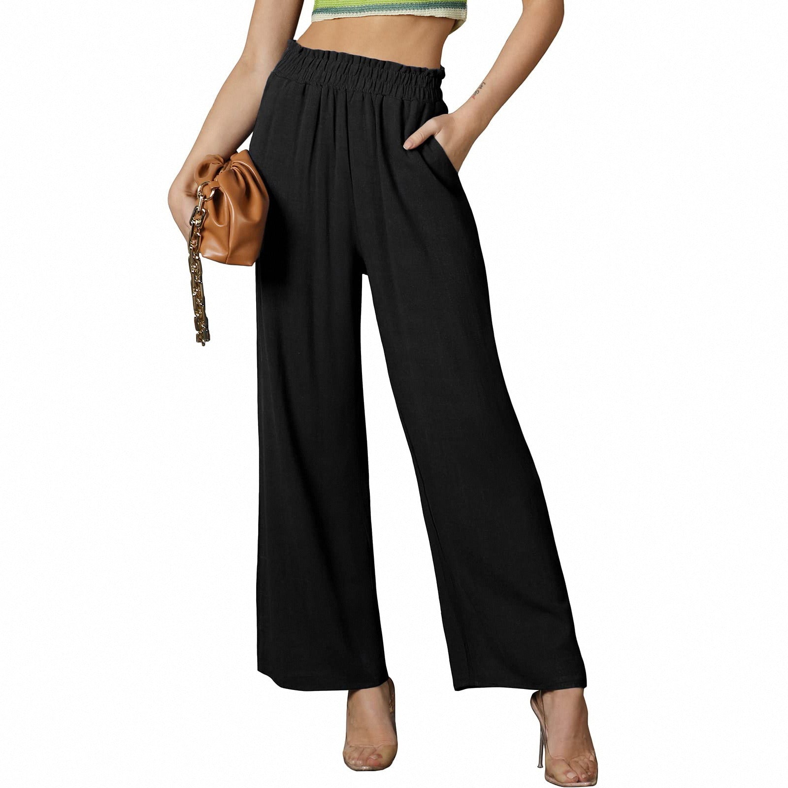 Women Solid Color Loose Multi-pocket Elastic Waist Casual Wide Leg Pants Trousers