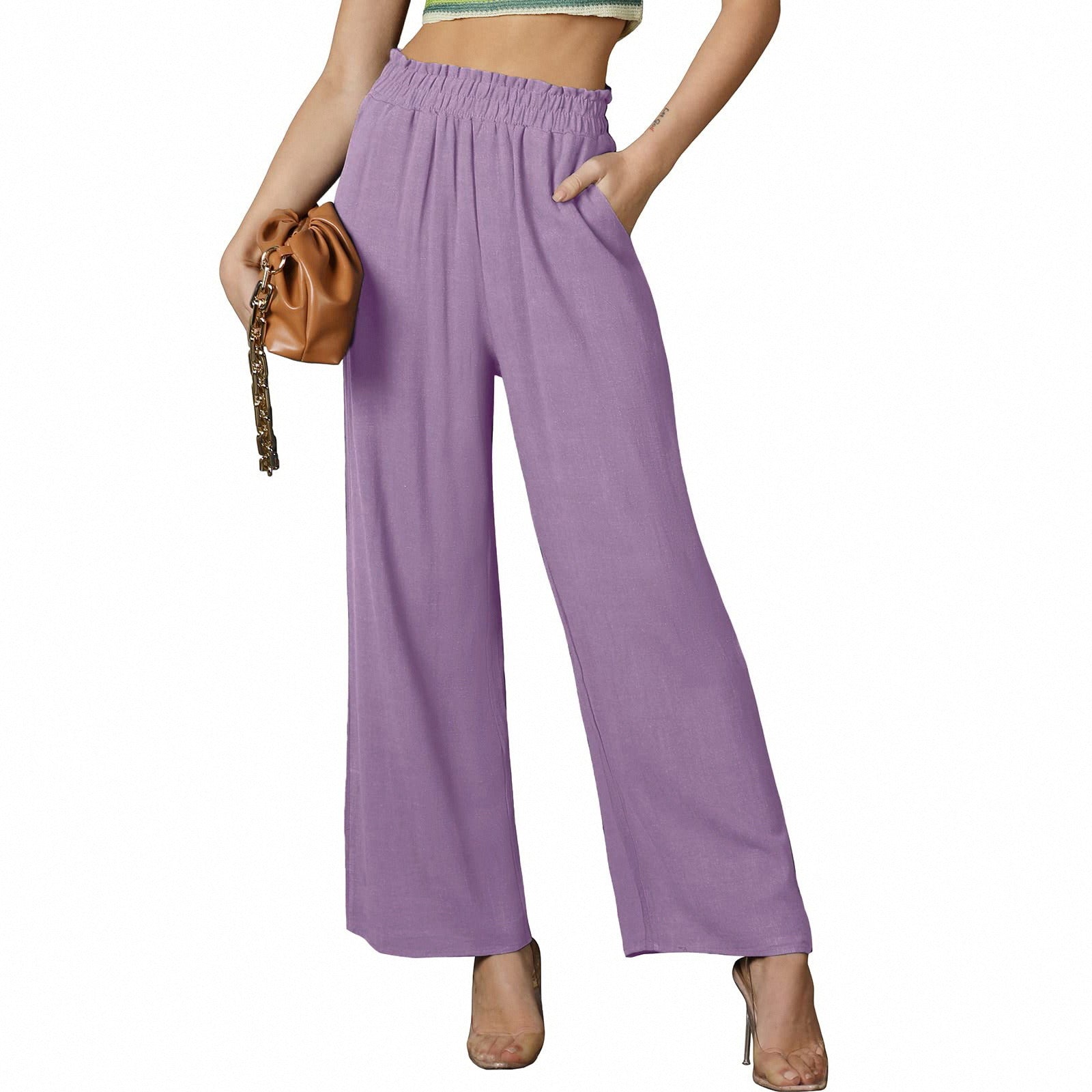 Women Solid Color Loose Multi-pocket Elastic Waist Casual Wide Leg Pants Trousers