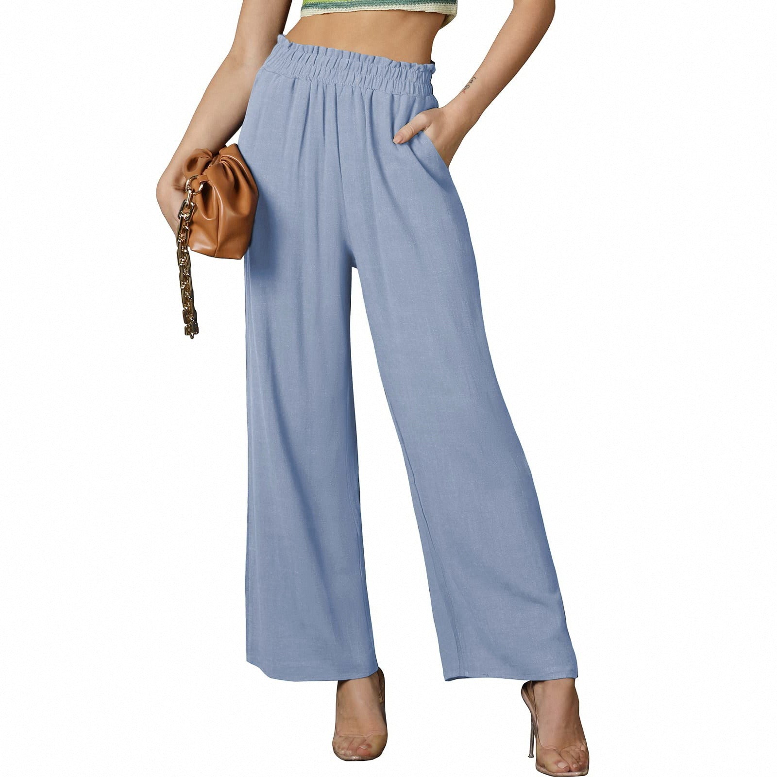 Women Solid Color Loose Multi-pocket Elastic Waist Casual Wide Leg Pants Trousers