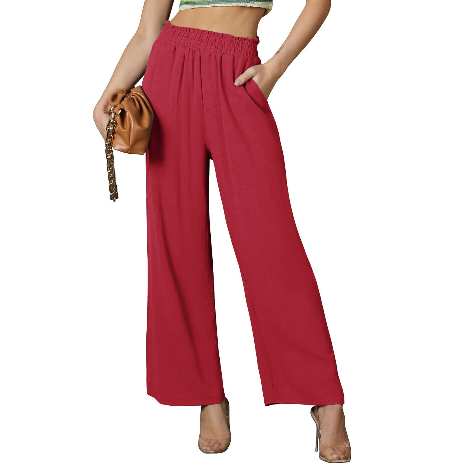 Women Solid Color Loose Multi-pocket Elastic Waist Casual Wide Leg Pants Trousers