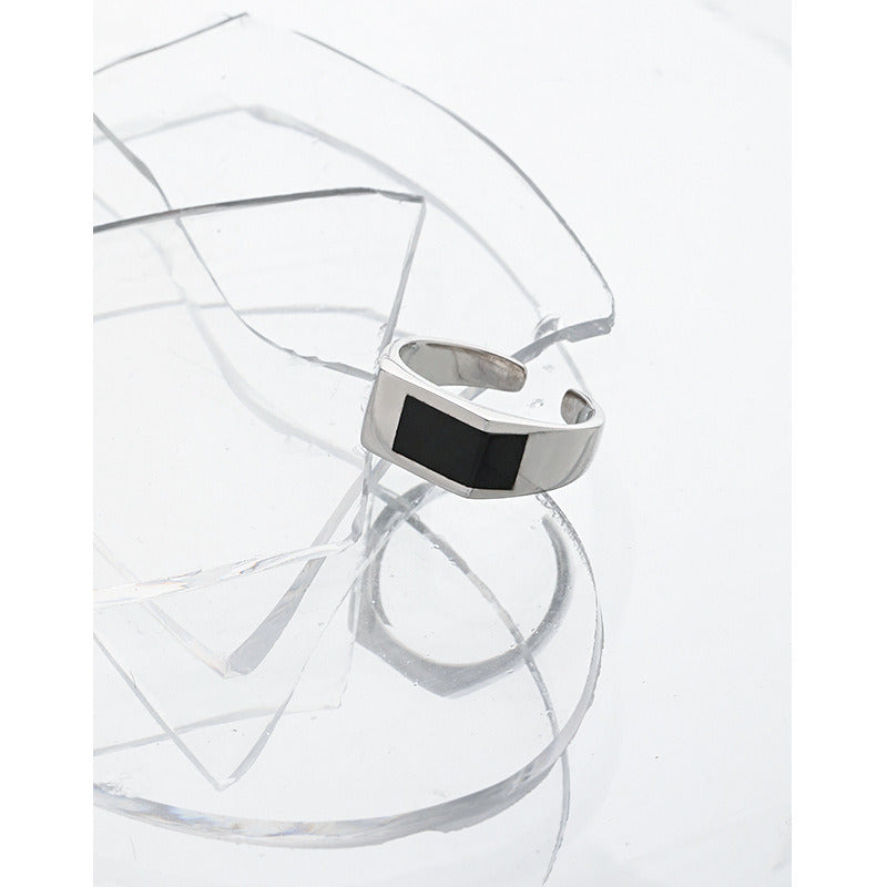 Fashion Geometry Black Rectangle 925 Sterling Silver Adjustable Ring