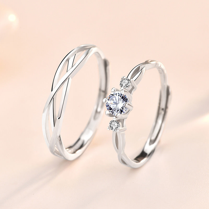 Gift CZ Hollow Love Twisted 925 Sterling Silver Adjustable Promise Ring