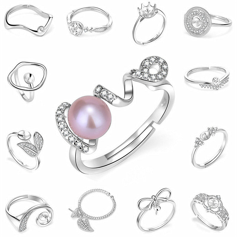 Fashion CZ Geometry Round Crown Leaf 925 Silver Oval Gemstone Adjustable DIY Ring Setting