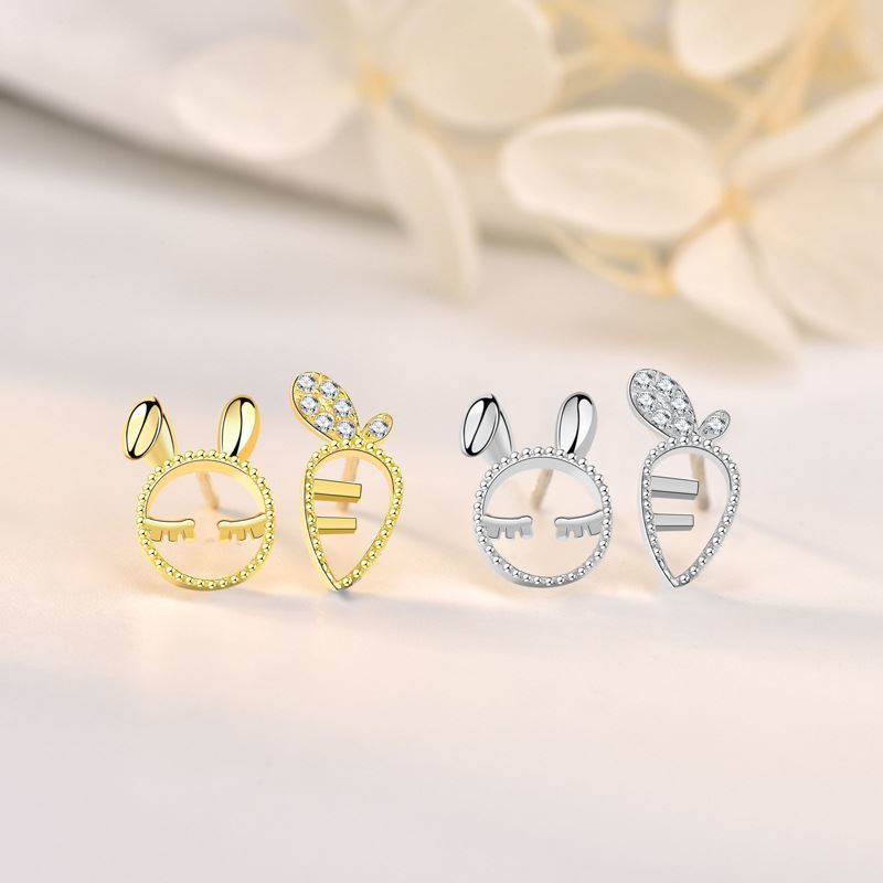 Asymmetry Cute Rabbit Carrot 925 Sterling Silver Stud Earrings