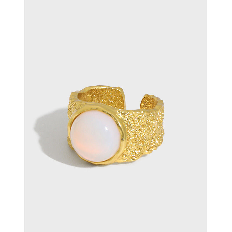 Women Round Natural Opal Irregular 925 Sterling Silver Adjustable Ring