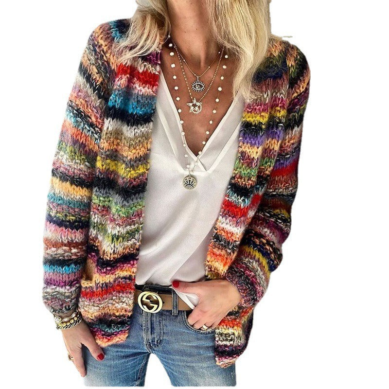 Women Rainbow Striped Knitted Sweater Cardigan