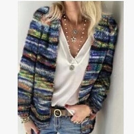 Women Rainbow Striped Knitted Sweater Cardigan