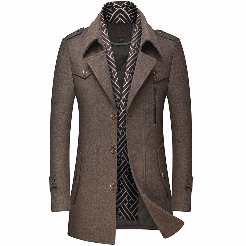 Men's Slim Fit Winter Warm Woolen Coat Business Jacket with Free Detachable Soft Touch Wool Scarf