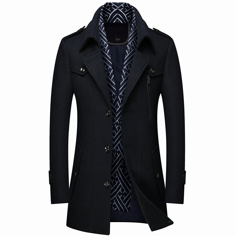 Men's Slim Fit Winter Warm Woolen Coat Business Jacket with Free Detachable Soft Touch Wool Scarf