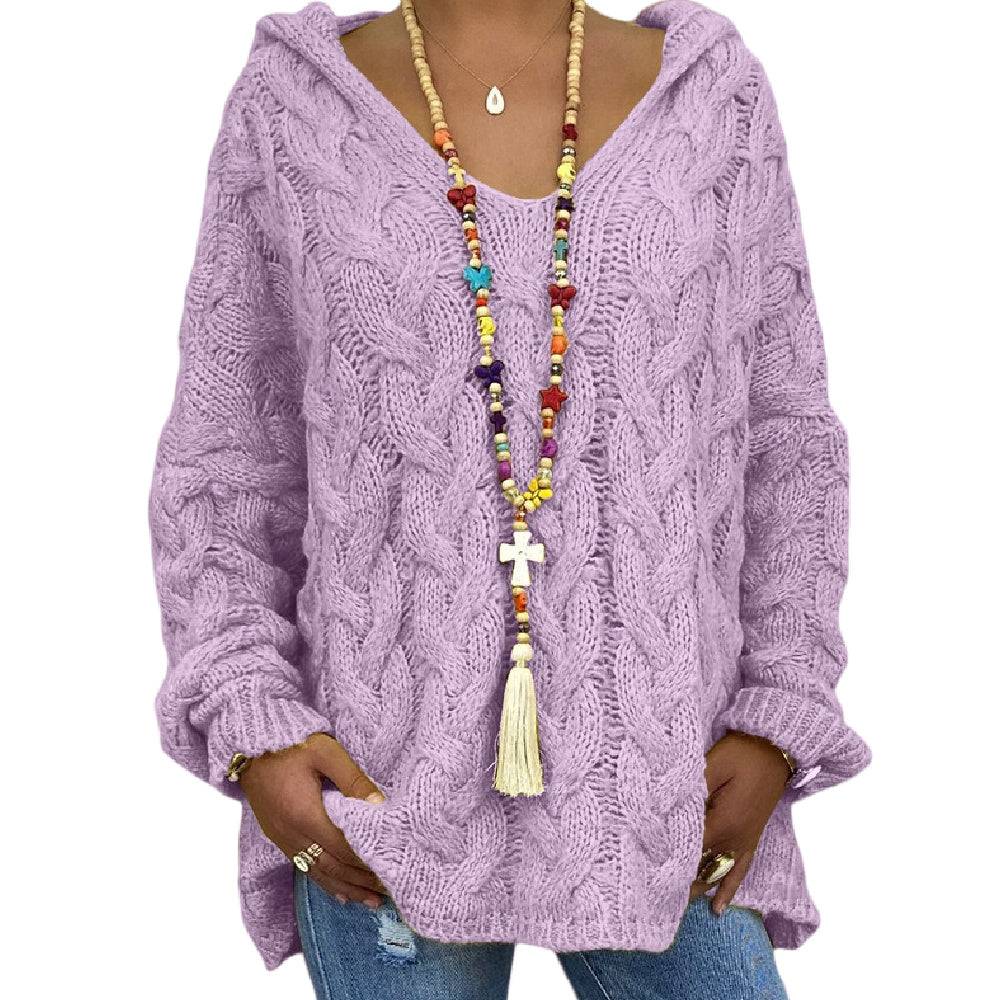 Women's Twist Knit Hoodie Sweater Pullover V Neck Knit Sweatshirt