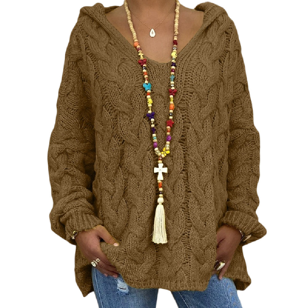 Women's Twist Knit Hoodie Sweater Pullover V Neck Knit Sweatshirt