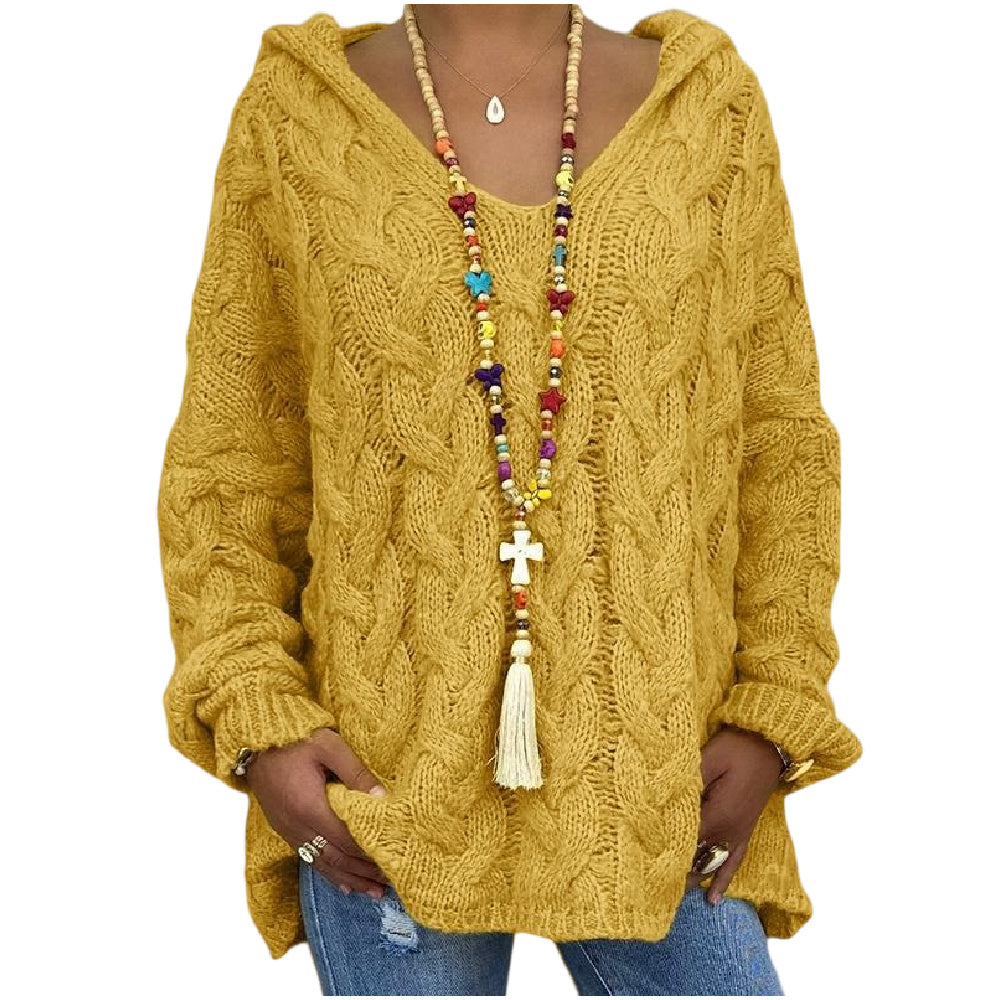 Women's Twist Knit Hoodie Sweater Pullover V Neck Knit Sweatshirt