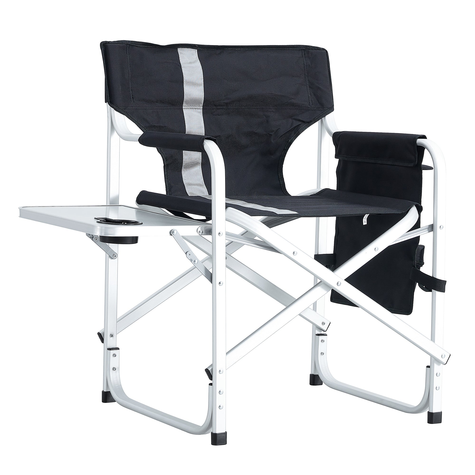 1-piece Padded Folding Outdoor Chair with Side Table and Storage Pockets; Lightweight Oversized Directors Chair for indoor; Outdoor Camping; Picnics and Fishing; Black/Grey