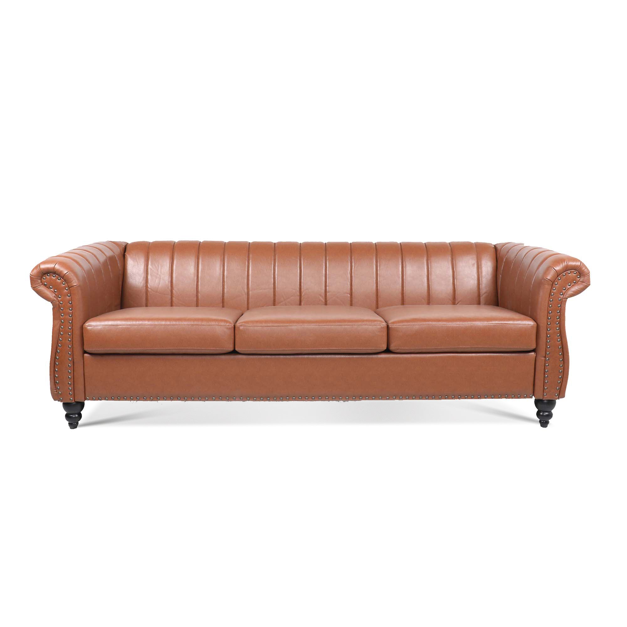 83.46'' PU Rolled Arm Chesterfield Three Seater Sofa.