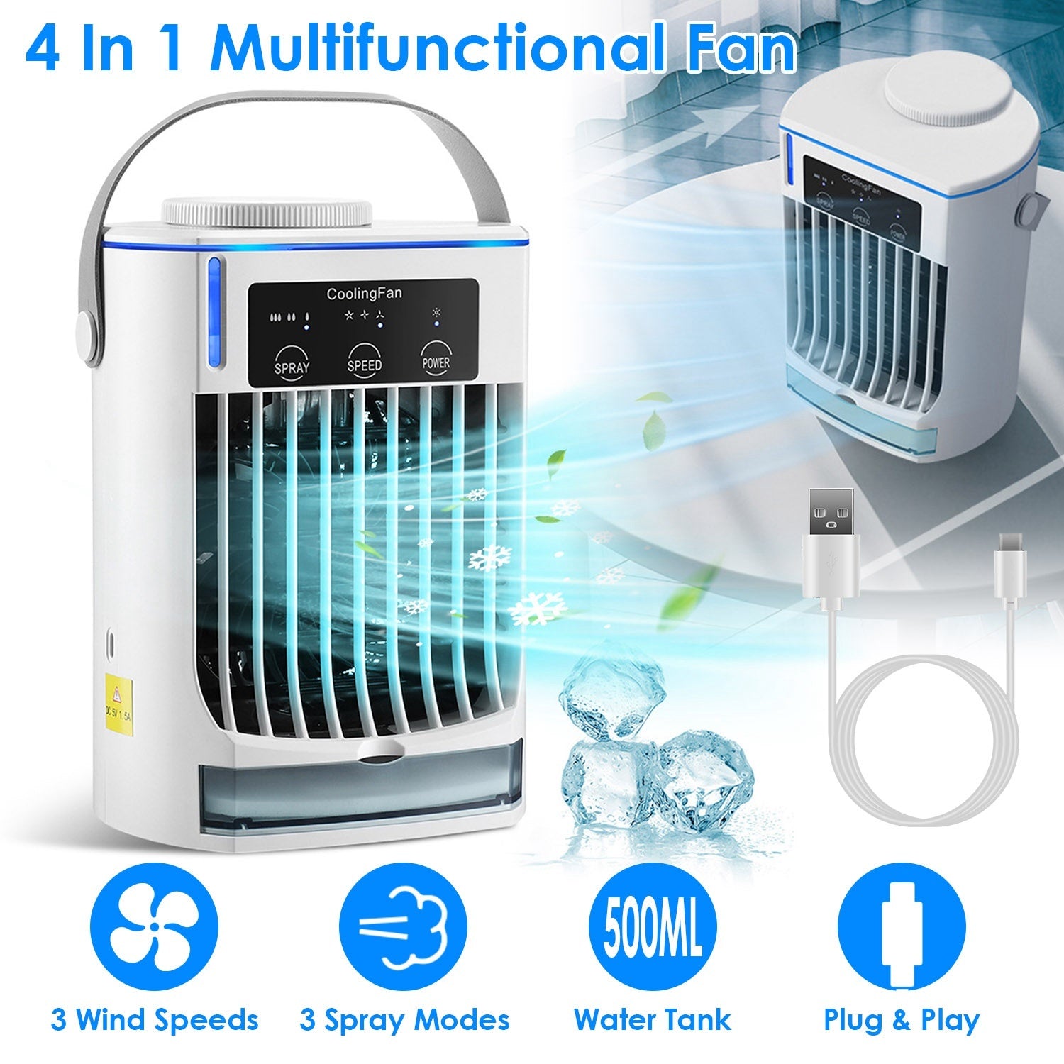 Portable Air Conditioner Fan Evaporative Humidifier 3 Speed Spray Personal Cold Mist Air Cooler Desk Table Fan Water Tank Night Light Adjustable Angel Room Home Office