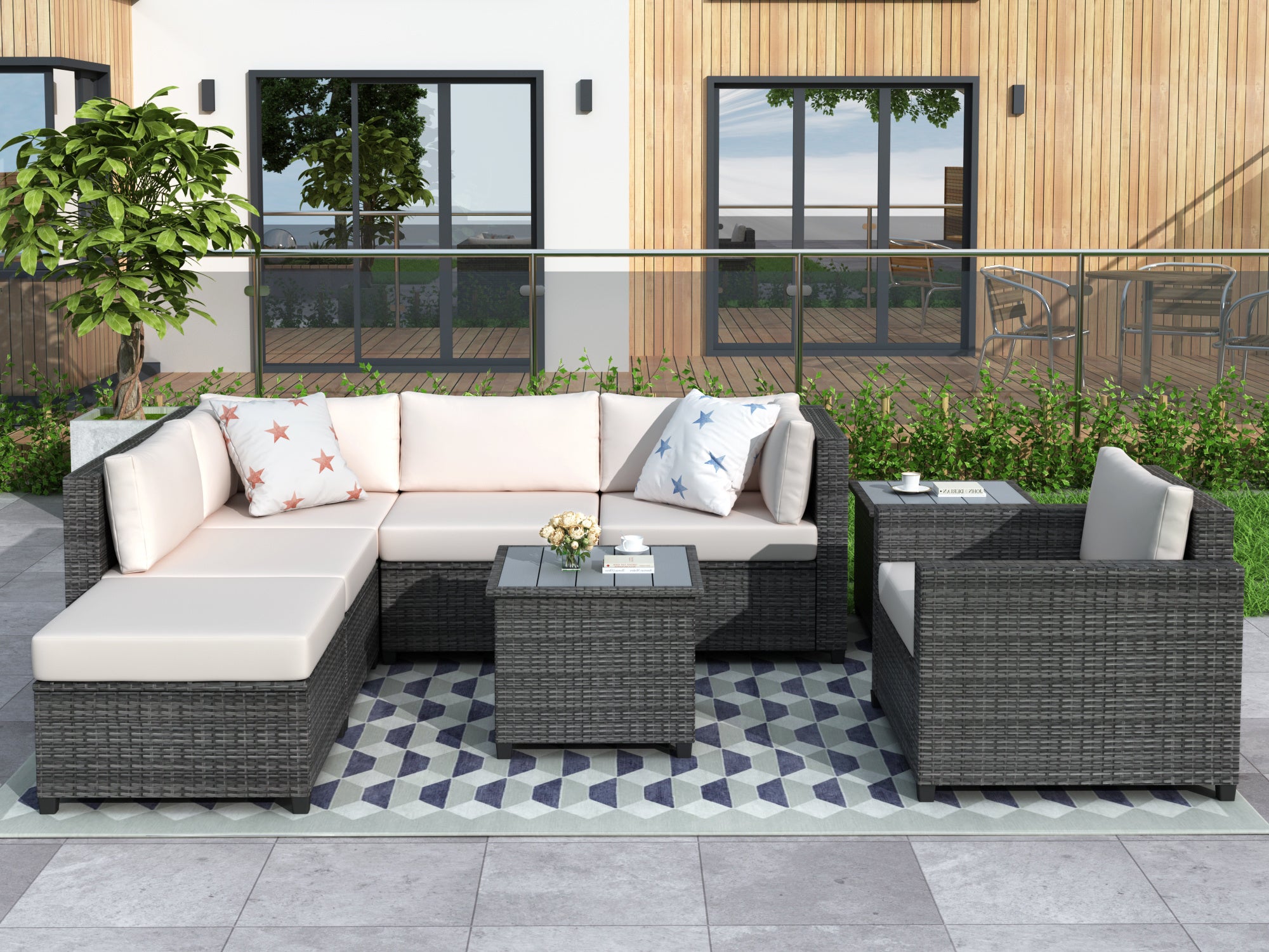 8 Piece Rattan Sectional Seating Group with Cushions; Patio Furniture Sets; Outdoor Wicker Sectional