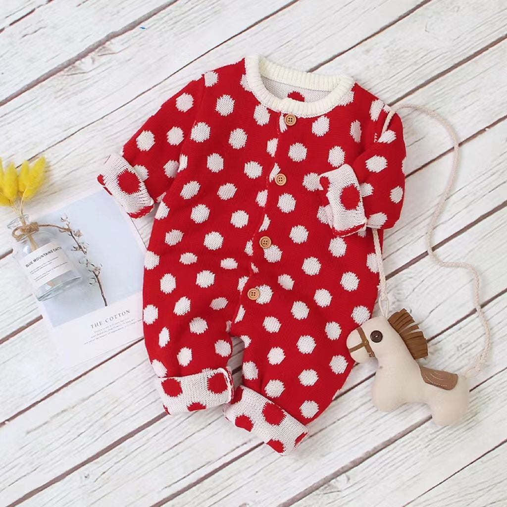 Baby Boy And Girl 1pcs Polka Dot Pattern Button Front Knitted Rompers