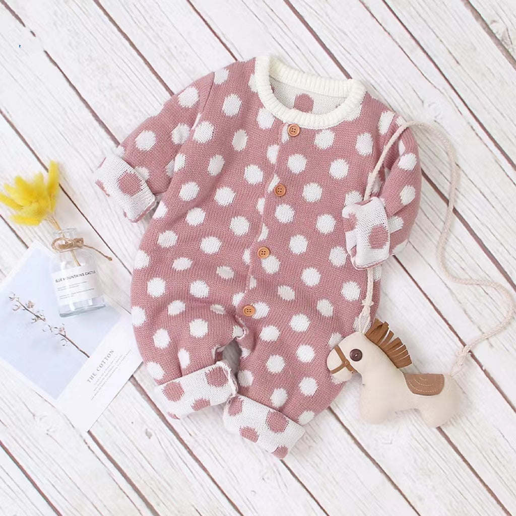 Baby Boy And Girl 1pcs Polka Dot Pattern Button Front Knitted Rompers