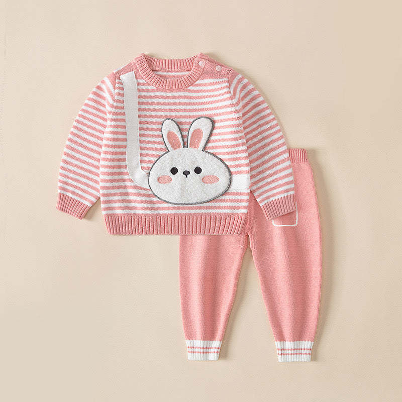 Baby Cartoon Bunny & Striped Graphic Pullover Sweater Combo Trousers 2 Pieces Sets