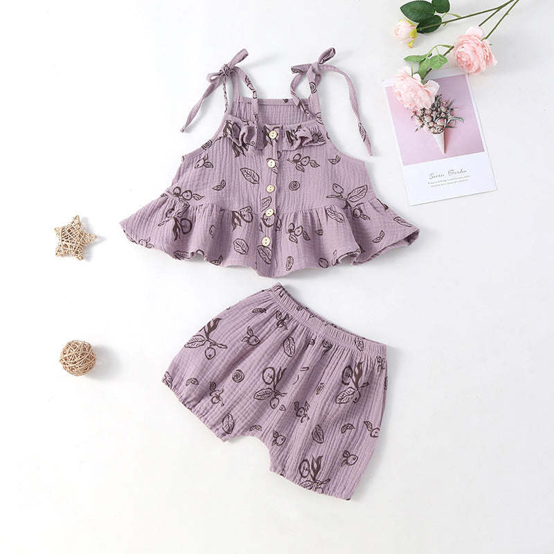 Baby Girl Printed Pattern Ruffle Design Sleeveless Top Combination Shorts Set