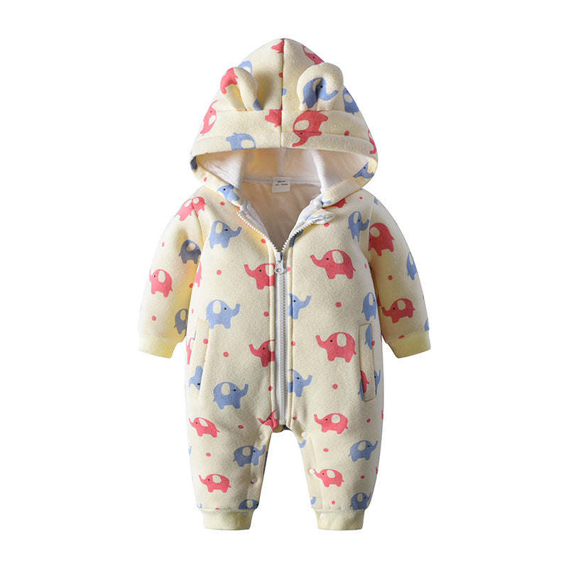 Baby Cartoon Elephant Pattern Zipper Front Design Rompers With Hat