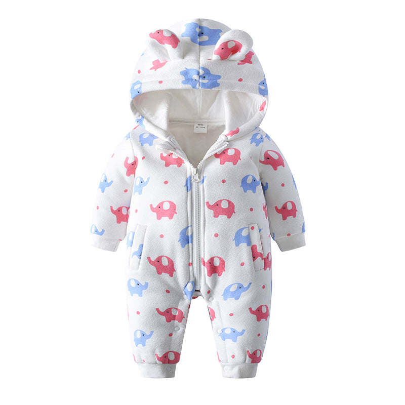 Baby Cartoon Elephant Pattern Zipper Front Design Rompers With Hat