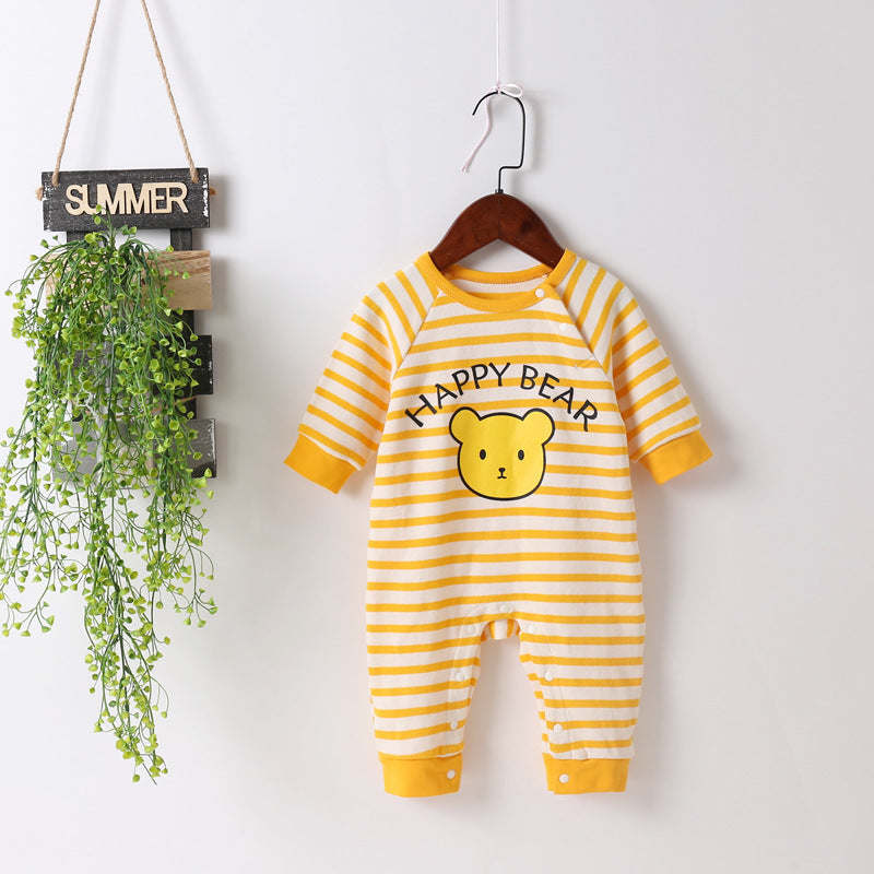 Baby Cartoon Bear & Striped Pattern Crotch Jumpsuit Romper