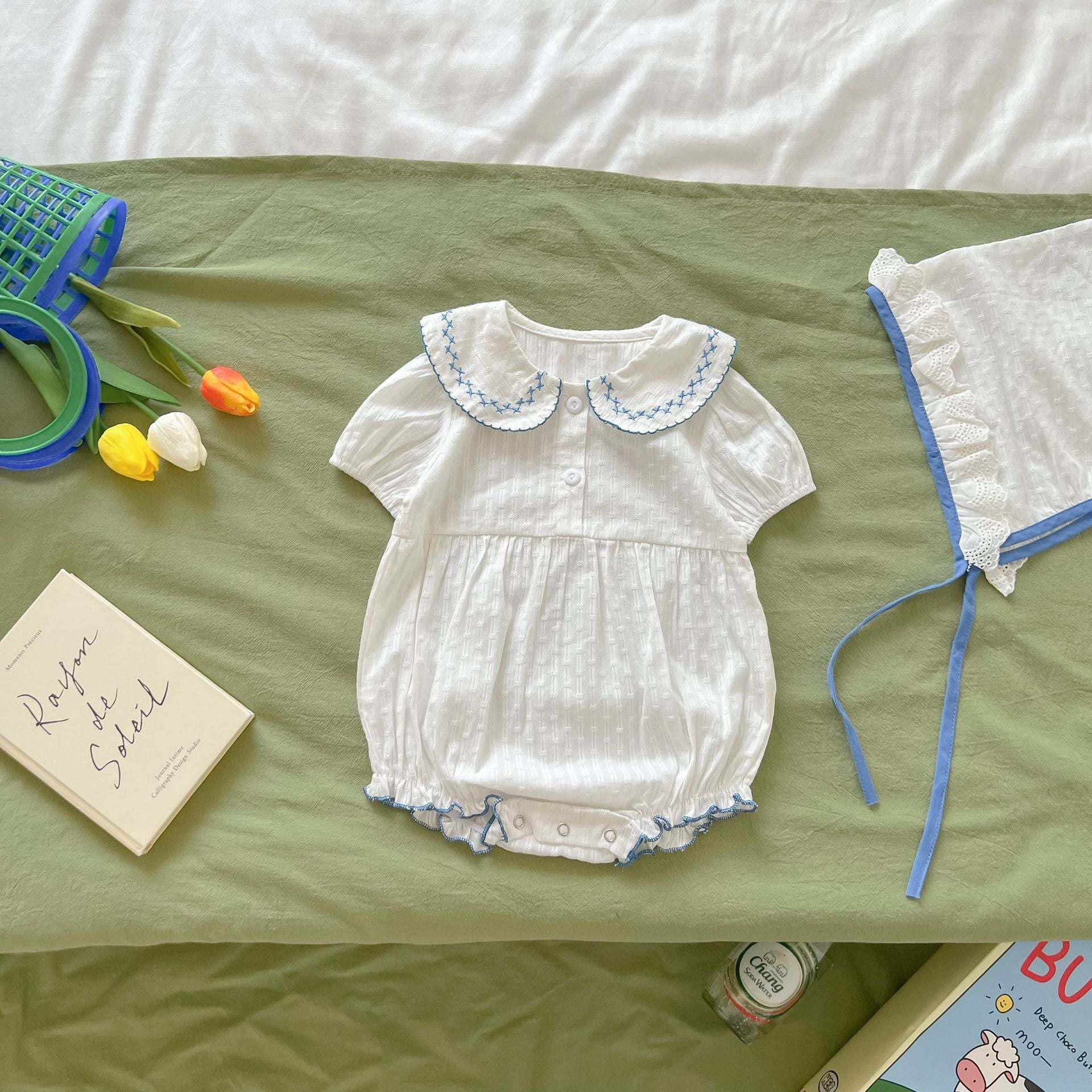 Baby Girl Solid Pattern Short-Sleeved Cotton Jacquard Collar Onesies