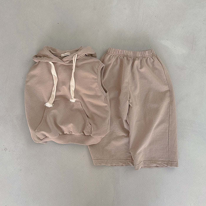 Baby Solid Color Sleeveless Hoodies With Pants Spring Sets
