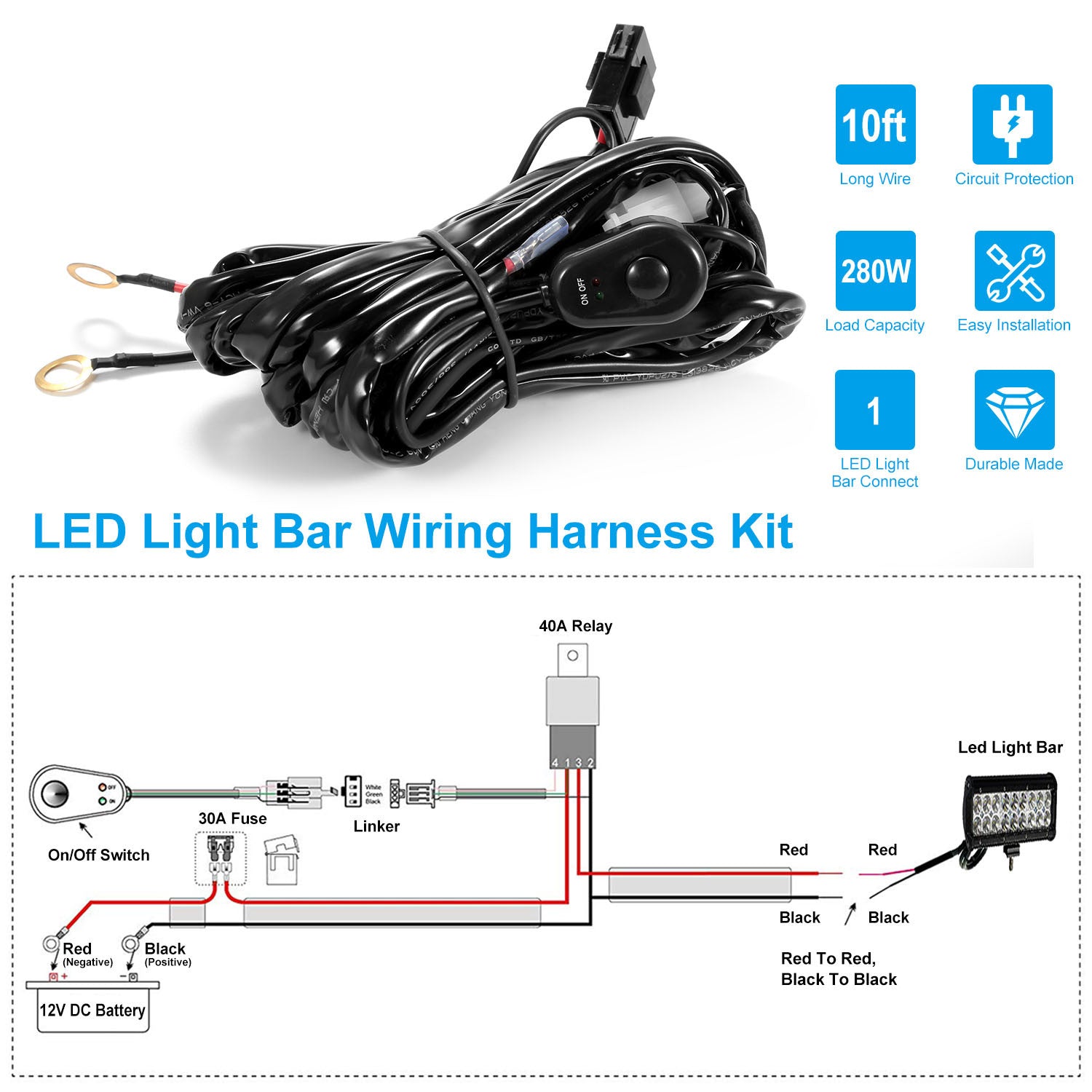LED Light Bar Wiring Harness Kit 280W 12V 40A Power Relay Fuse On Off Switch 10ft Length Universal Fitment Light Bar Accessories