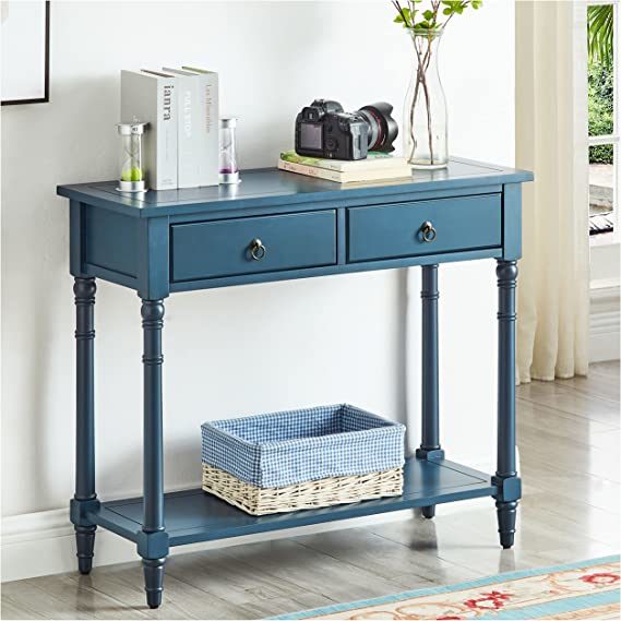 DS-HOMEPORT Solid Wood Sofa Table; Wooden Farmhouse Console Tables with Storage Shelf; Wood Entryway Table with Drawers; 35.43'' x 13.78'' x 30.31'' Inches; Blue