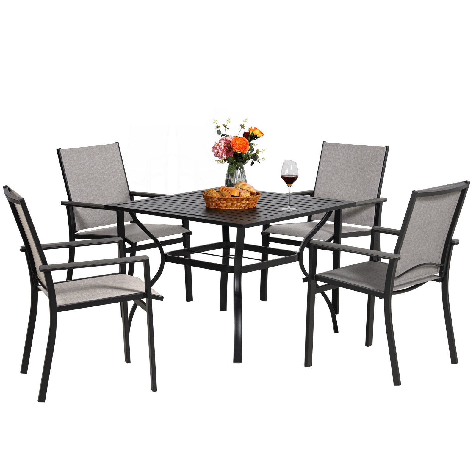 MEOOEM Patio Dining Set Outdoor Furniture Bistro Metal Table Side Table and Metal Stackable Chairs; Black