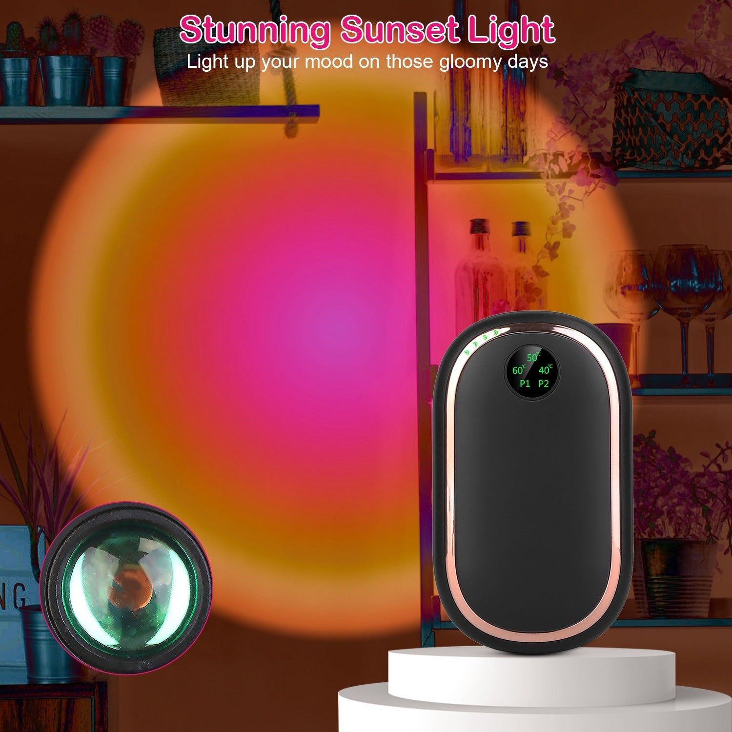 Rechargeable Hand Warmer Electric Hand Heater Portable Reusable Pocket Warmer Power Bank with Digital Display Sunset Light 3 Levels Double-sided Heati